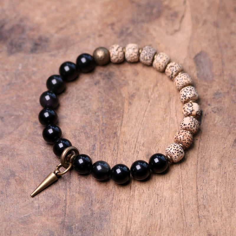 Bracelet de paix en bois d'ébène et obsidienne 15 cm unisexe