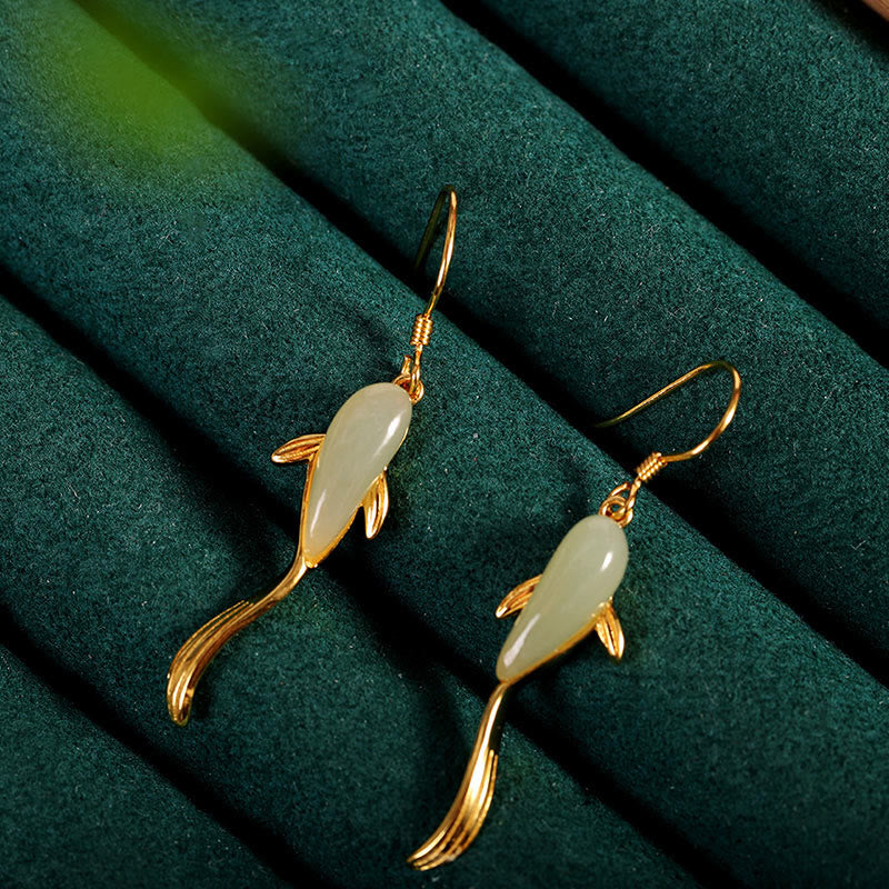 Boucles d'oreilles pendantes porte-bonheur en jade à motif de poisson