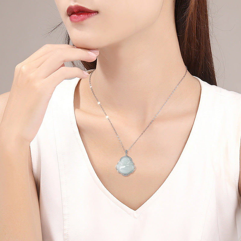 Collier en argent sterling 925 et jade | Bouddha rieur Abondance