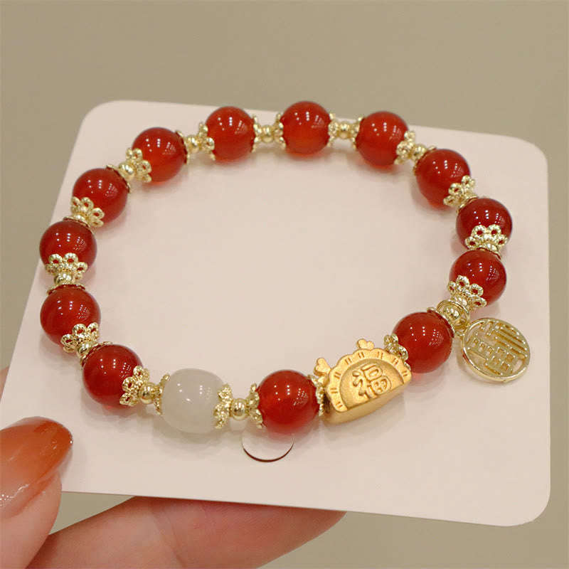 8mm Dragon Luck Bracelet with Red Agate & Multifaceted Stones