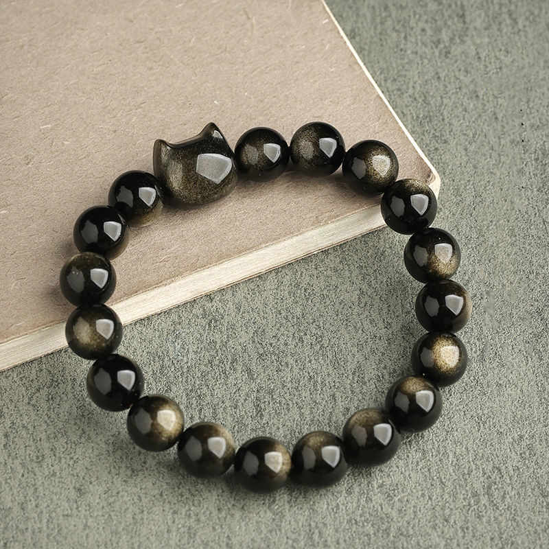 Gold Sheen Obsidian Lucky Cat Protection Bracelet 8mm