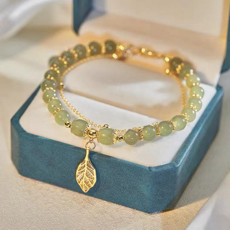 Bracelet porte-bonheur en perles de jade avec symbole feuille, tulipe et Fu
