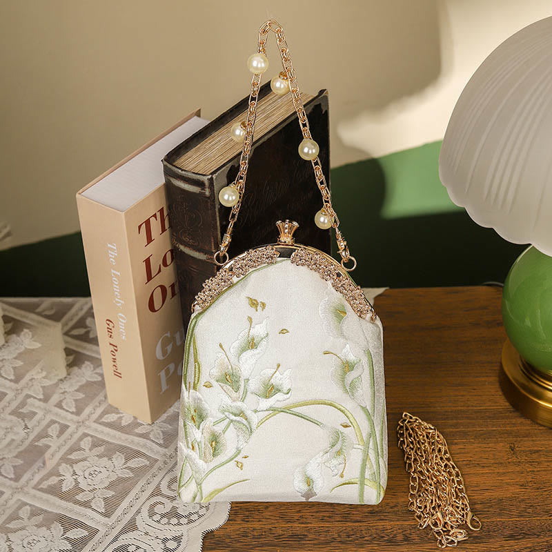 Sac bandoulière avec broderie Calla et poignée en métal 15 cm