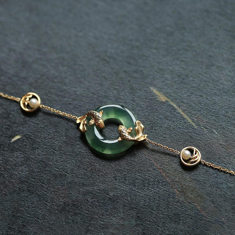 Bracelet d'harmonie et de guérison en jade cyan et poisson koï