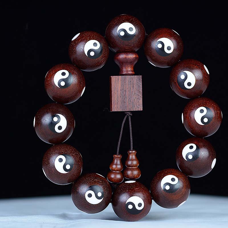 Bracelet Yin Yang en bois de santal rouge à petites feuilles 20 mm