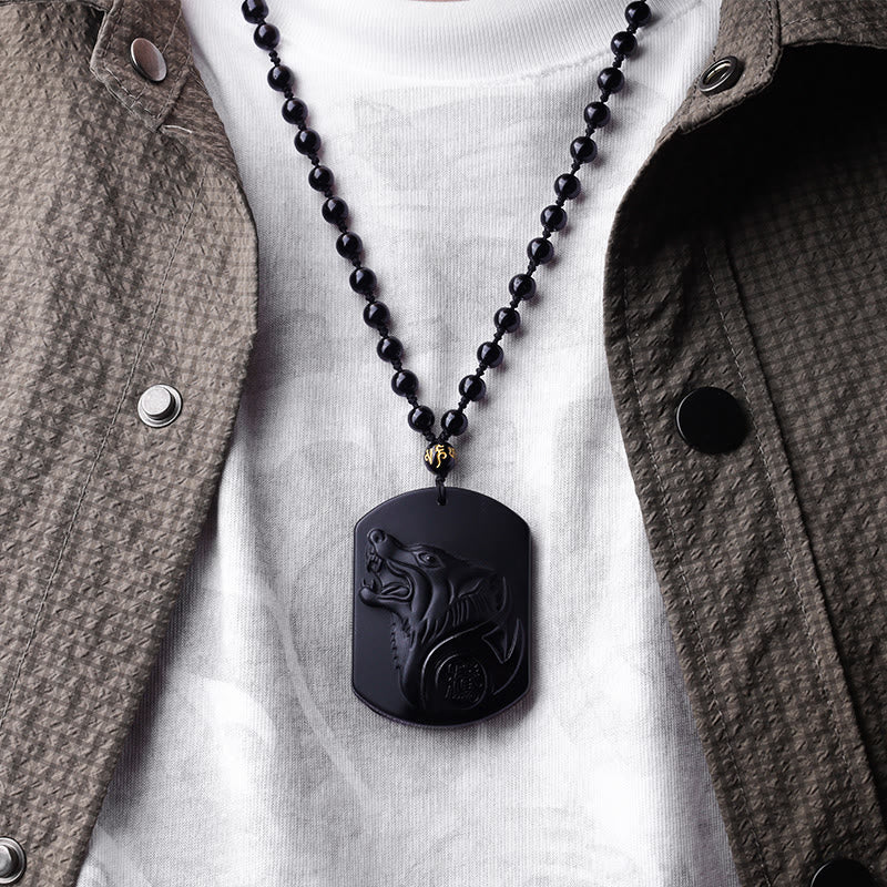 Collier pendentif de purification du loup en obsidienne noire