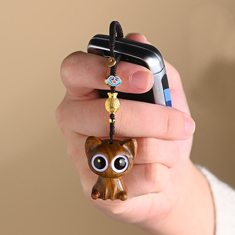 Porte-clés décoratif en forme de chat porte-bonheur en bois de santal vert