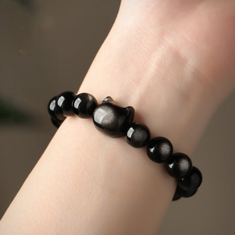 Gold Sheen Obsidian Lucky Cat Protection Bracelet 8mm