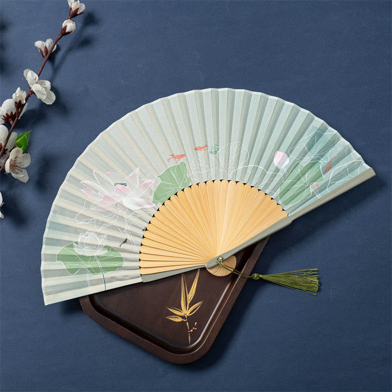 21cm Chinese Folding Fan with Lotus Begonia Jasmine Motifs in Bamboo Frame