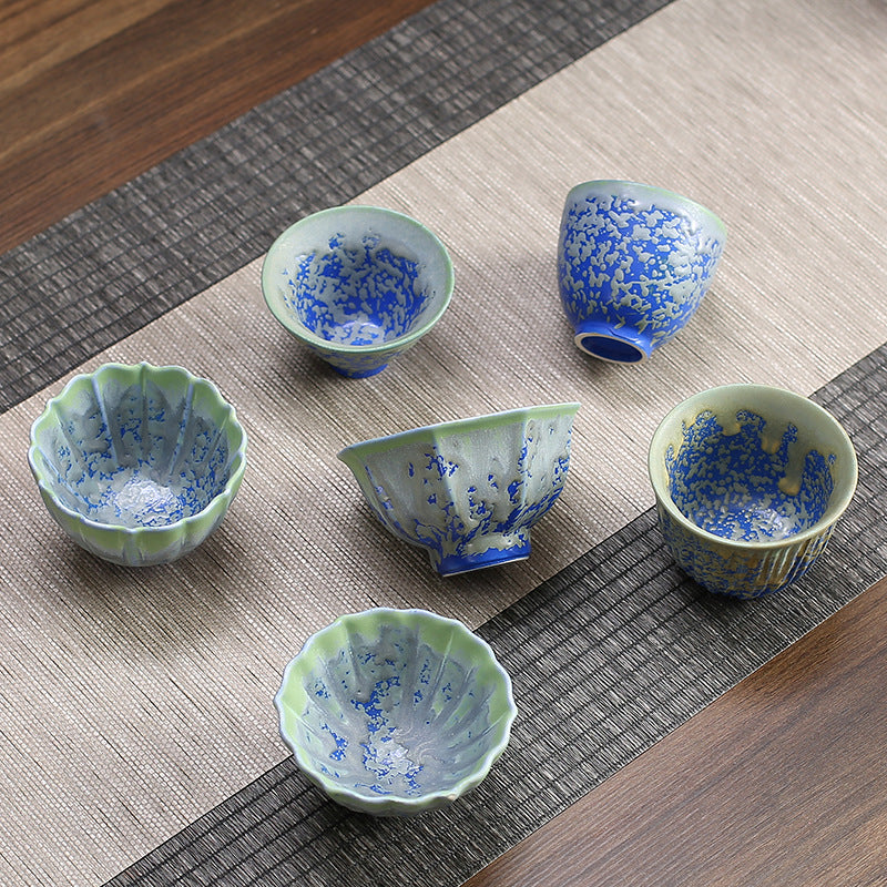 Bol à thé en céramique rétro dégradé bleu rouge lotus