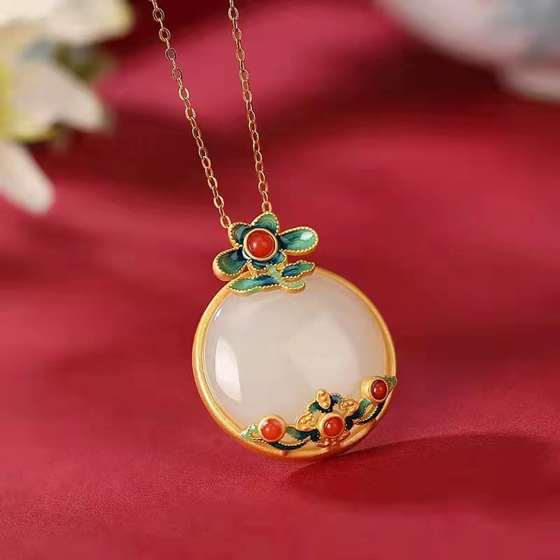 Collier unisexe en jade blanc et agate rouge porte-bonheur