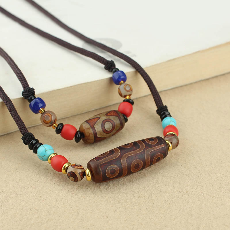 Unisex Agate Necklace with Nine-Eye and Three-Eyed Dzi Beads for Protection