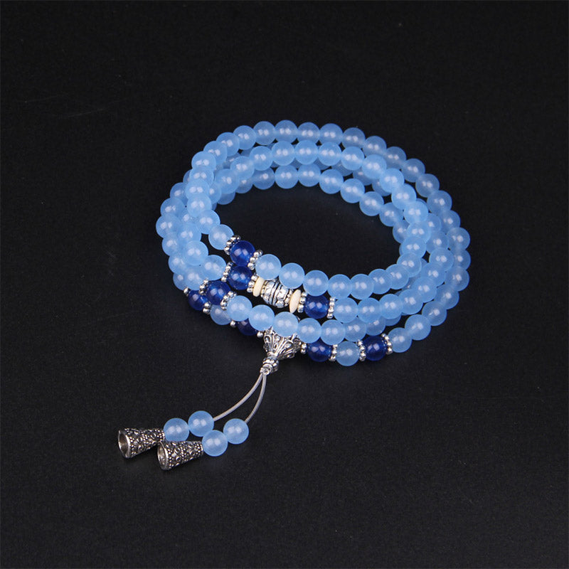 Bracelet Mala 108 perles en cristal bleu et pierres précieuses 6 mm
