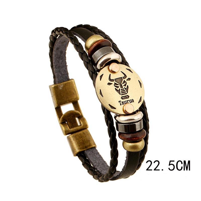 12 Constellations Zodiac Hematite Leather Charm Bracelet