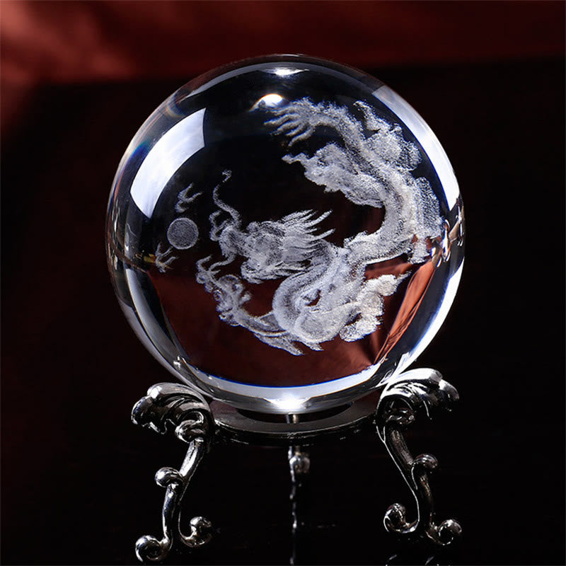 Décoration zen en cristal blanc avec symboles dragon et lotus