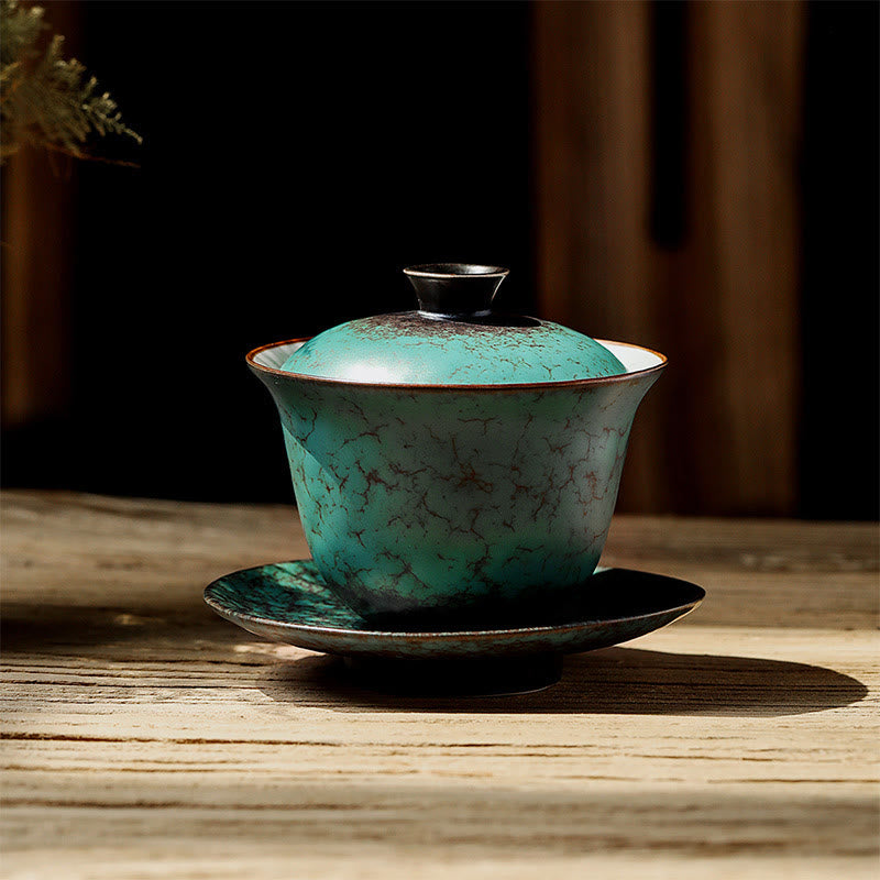 Ensemble de tasses à thé Gaiwan en céramique émaillée verte rétro 180 ml