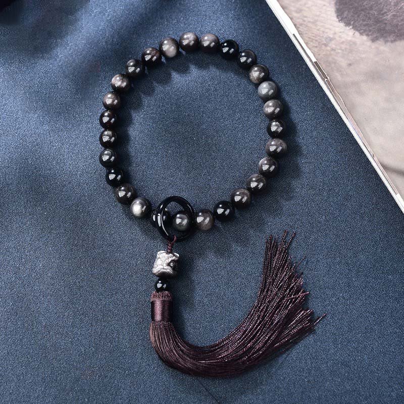 12mm Silver Sheen Obsidian Lion Meditation Wrist Mala