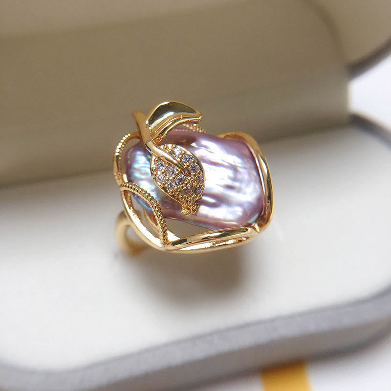 Adjustable Pearl Copper Plated Gold Flower Ring for Wealth & Happiness