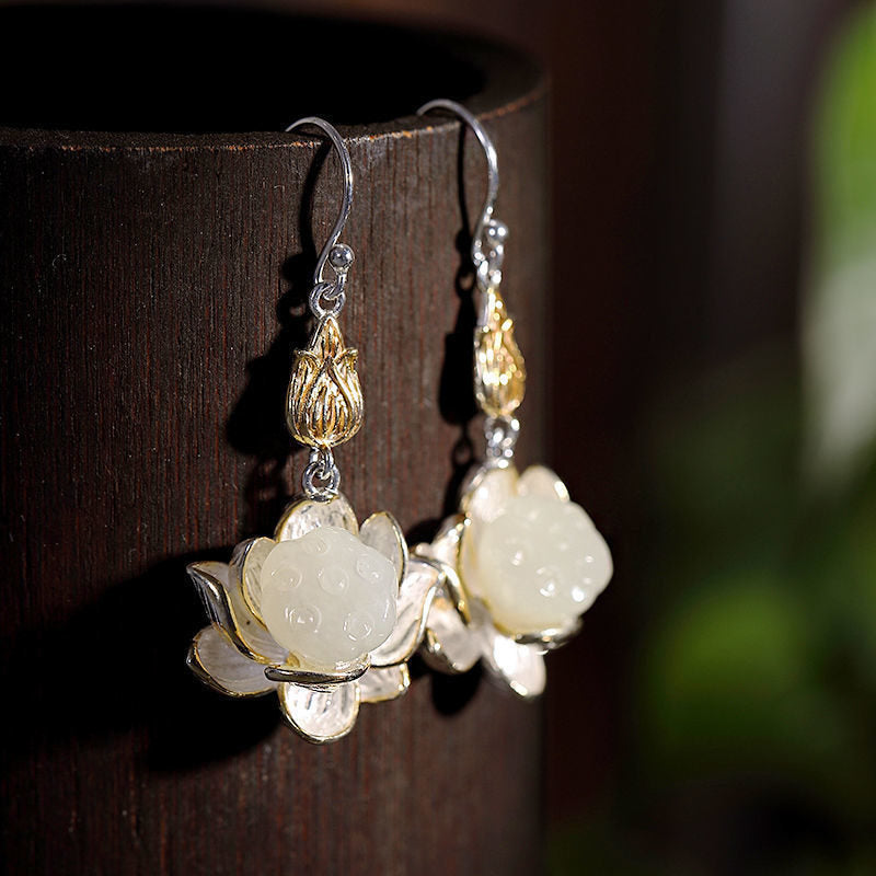 Boucles d'oreilles pendantes Lotus Harmonie Protection Jade Blanc