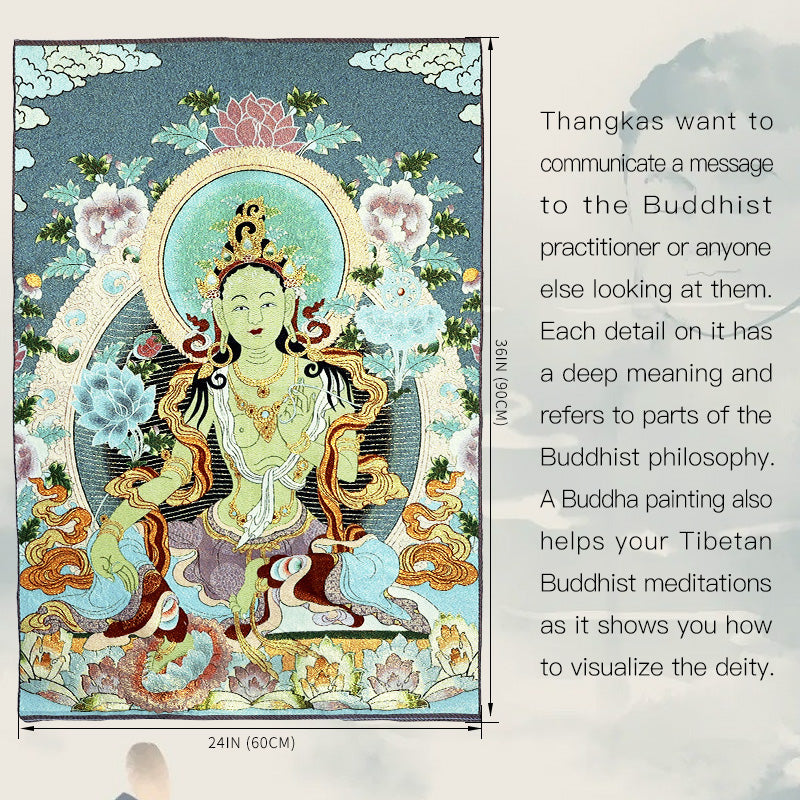 24x36 Inch Tibetan Embroidery White Tara Thangka Tapestry