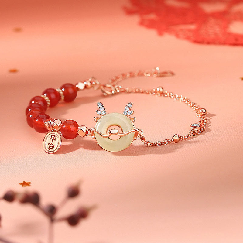 Unisex 925 Sterling Silver Dragon Bracelet with Red Agate & Hetian Jade