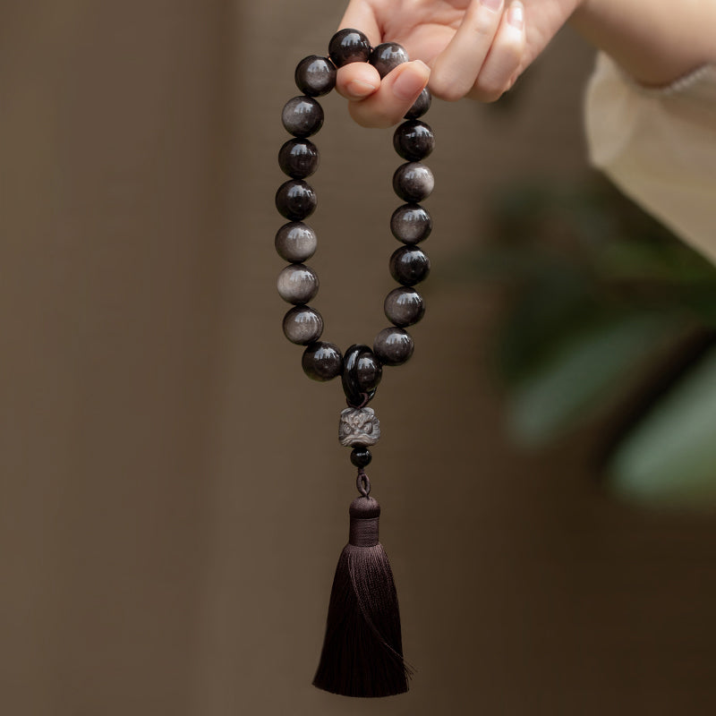 16mm Silver Sheen Obsidian Lion Wrist Mala for Protection & Wisdom
