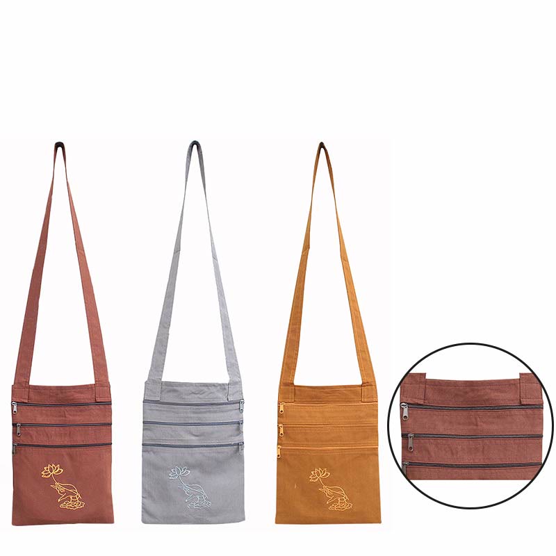 Sac à bandoulière de pratique spirituelle brodé en coton avec motif lotus