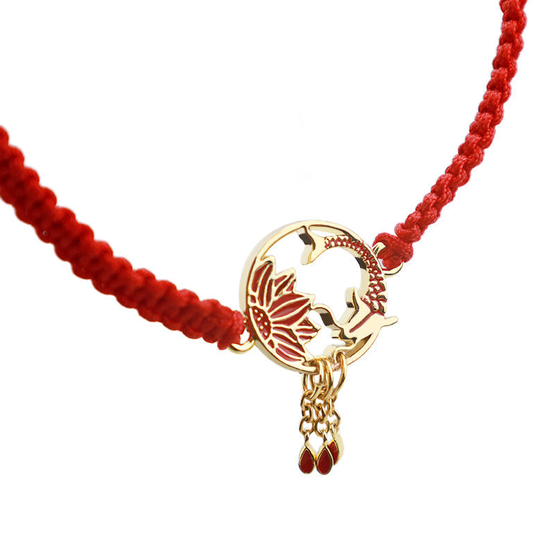 Bracelet porte-bonheur unisexe en fil rouge motif poisson koi et lotus