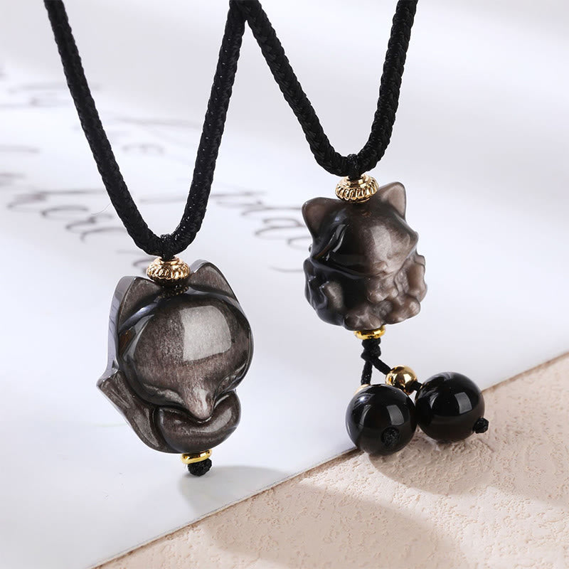 Silver Sheen Obsidian Nine Tailed Fox Protective Necklace