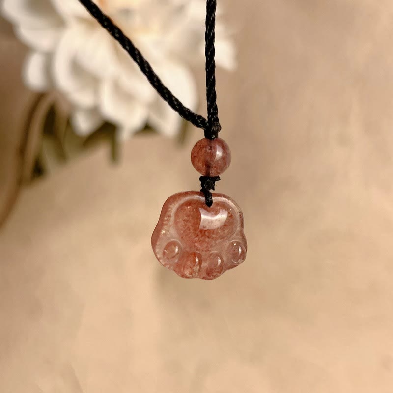 Collier pendentif patte de chat guérison amour quartz fraise