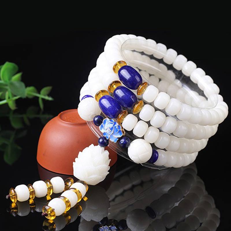 8mm Bodhi Seed Peace Bracelet with Opal, Red Agate & Lazurite Beads