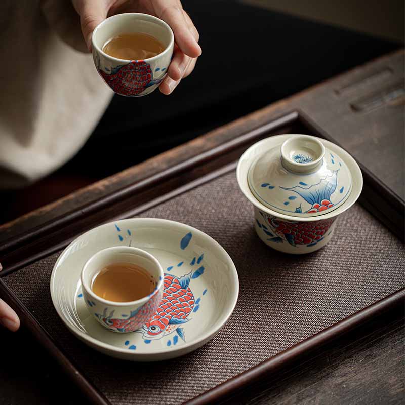 Red Ceramic Koi Fish Gaiwan Teacup 130ml for Tea Rituals