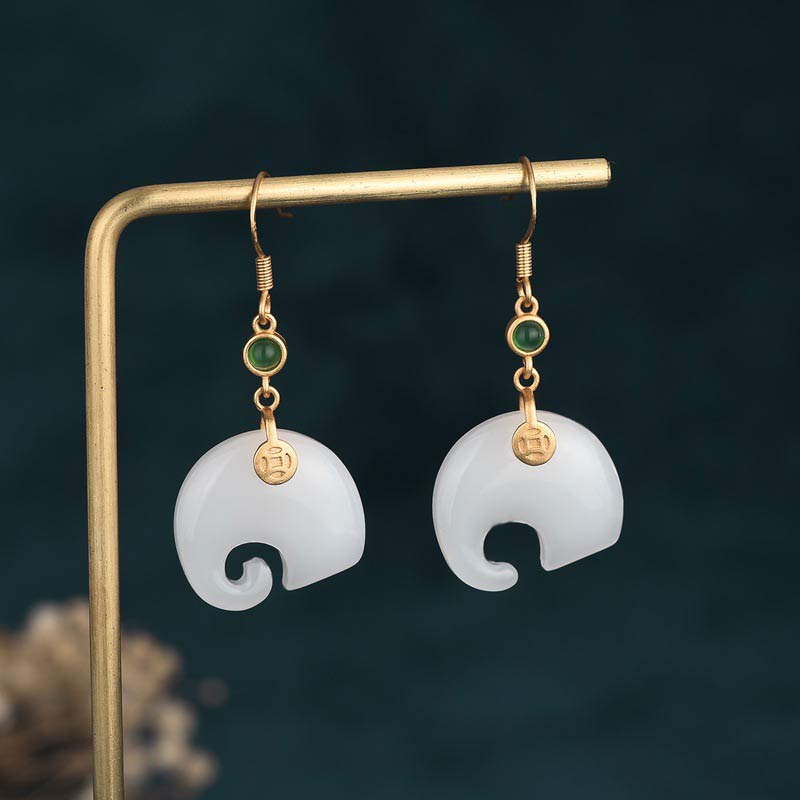 Boucles d'oreilles éléphant en jade blanc de 40 mm pour la fortune et la chance