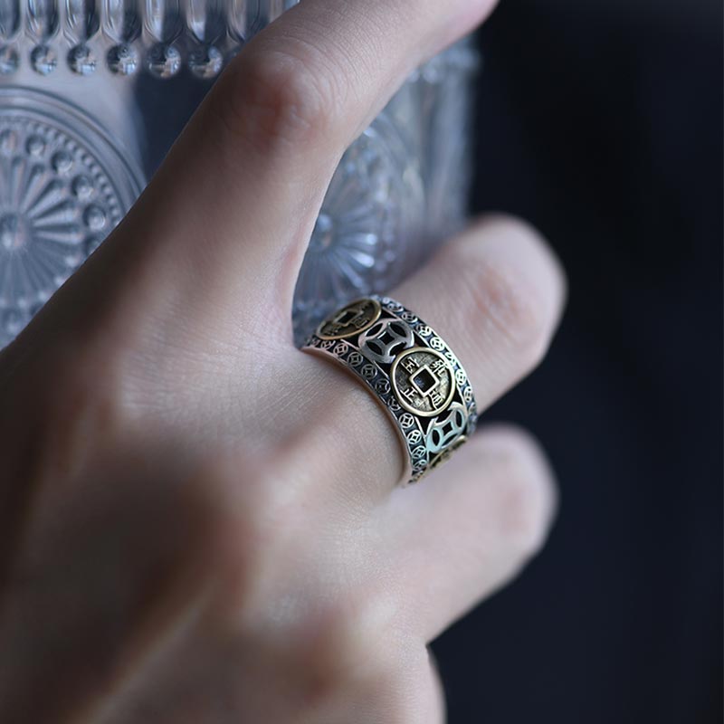 Bague spirituelle ajustable avec pièces des Cinq Empereurs | Protection et équilibre