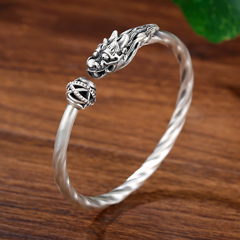 999 Sterling Silver Dragon Luck Strength Cuff Bracelet