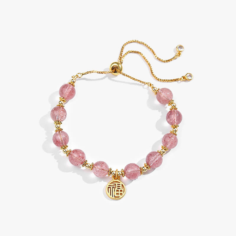 Strawberry Quartz Fu Character Spiritual Bracelet 15-18cm
