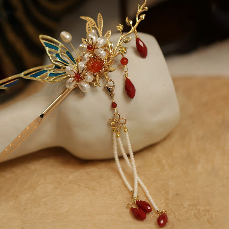 Red Flower Butterfly Pearl Tassel Hair Clip Comb Crown, Spiritual Jewelry