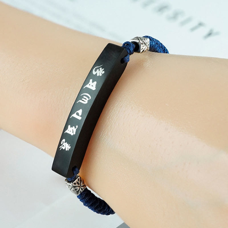 Bracelet de protection en bois d'ébène Om Mani Padme Hum incrusté d'argent