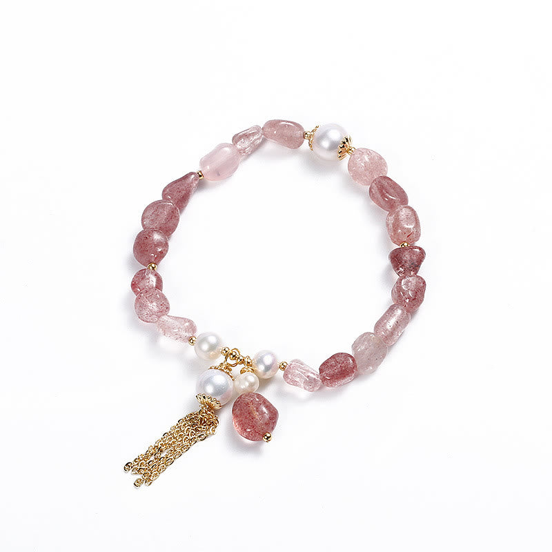 Bracelet de guérison d'amour en or 14 carats avec perles de quartz fraise
