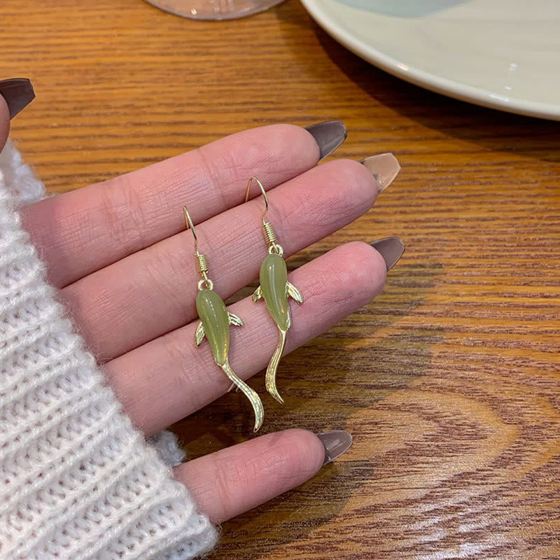 Boucles d'oreilles pendantes porte-bonheur en jade à motif de poisson