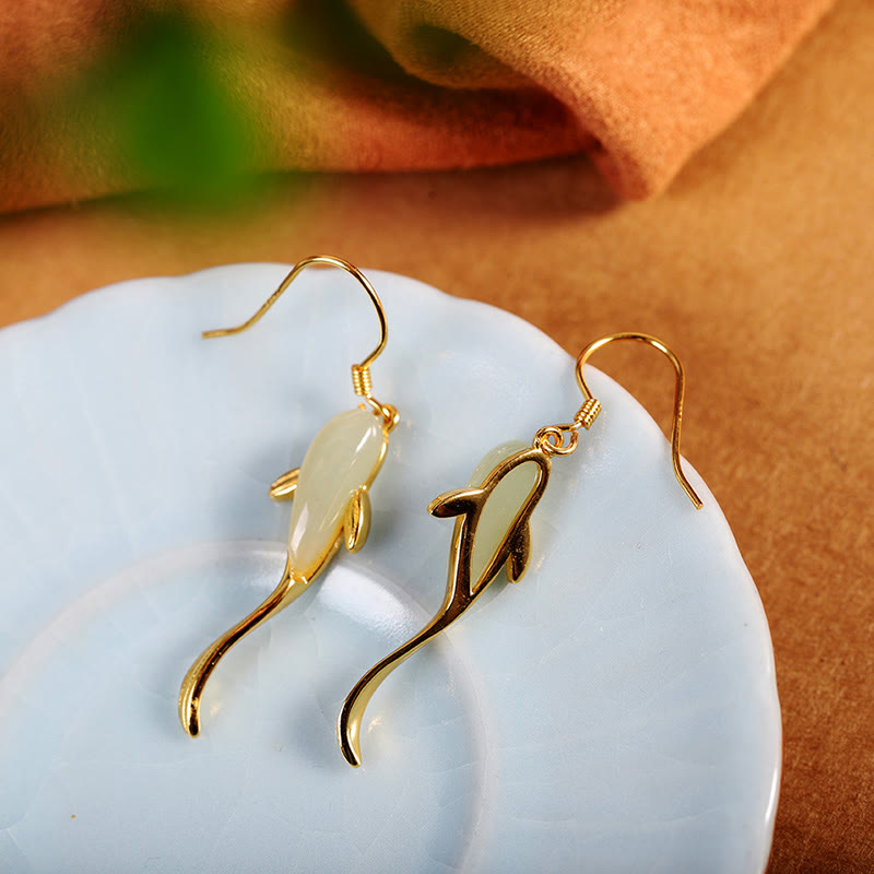 Boucles d'oreilles pendantes porte-bonheur en jade à motif de poisson