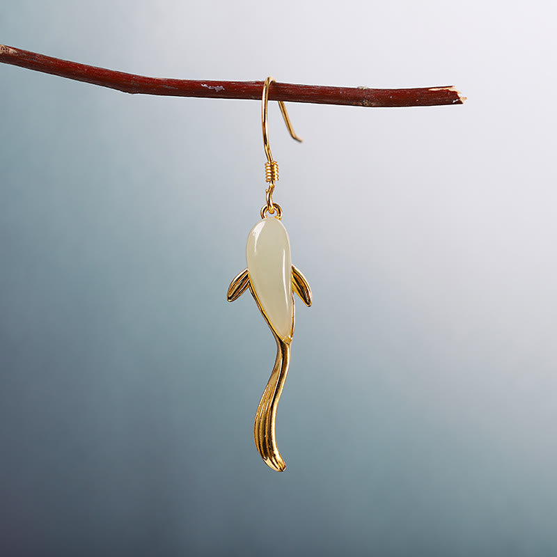 Boucles d'oreilles pendantes porte-bonheur en jade à motif de poisson