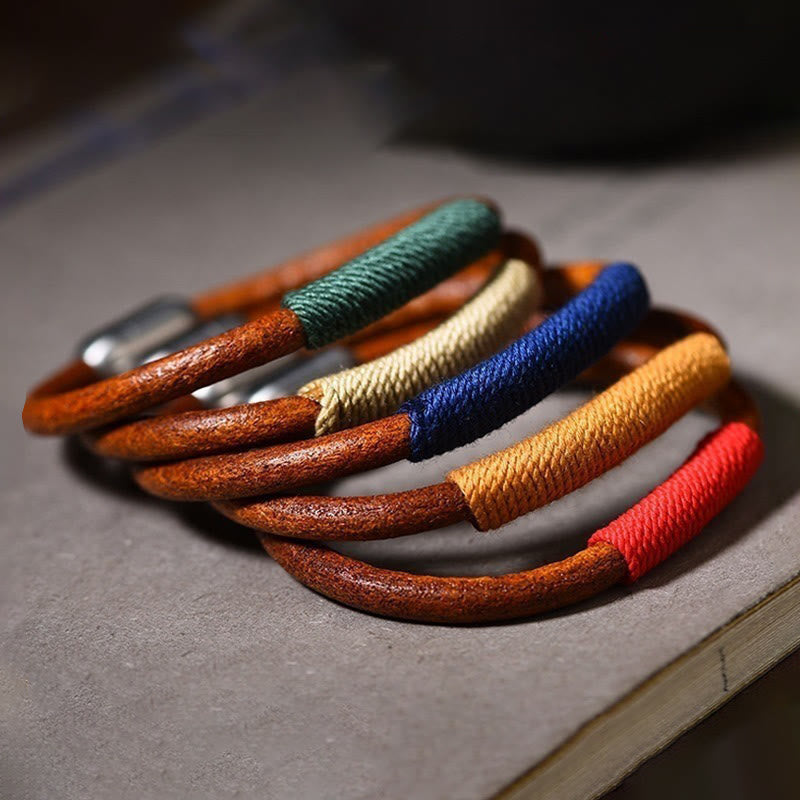 Bracelet spirituel des cinq éléments | Cuir tibétain tressé porte-bonheur 19 cm