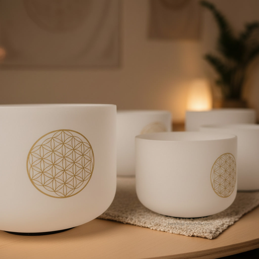 Ensemble de bols chantants en cristal de quartz Fleur de Vie pour la méditation