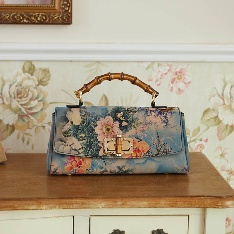 Sac bandoulière à motif floral avec poignée en bambou 29 cm