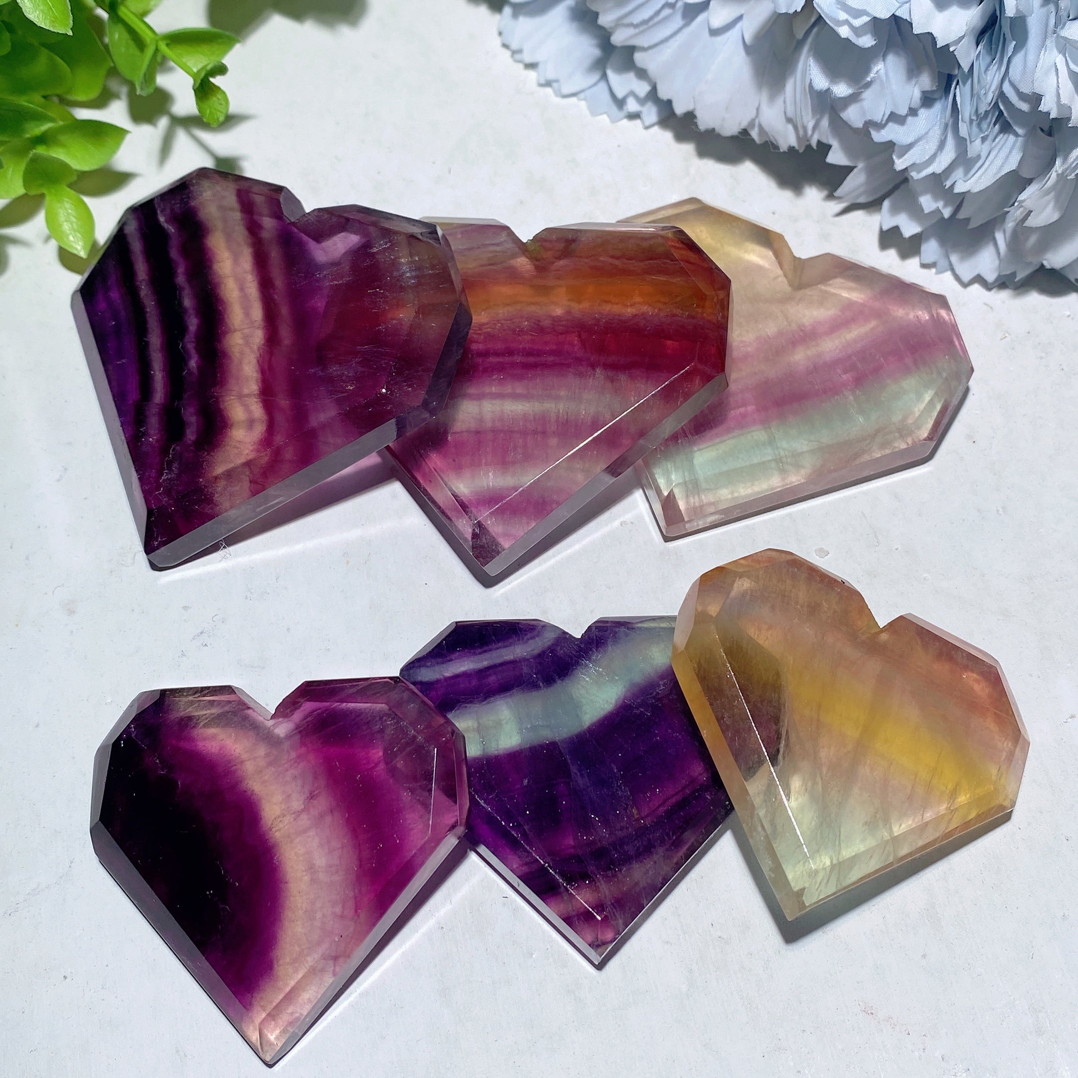 Fluorite Crystal Heart Carvings 2-3.5 Inch Healing Stones