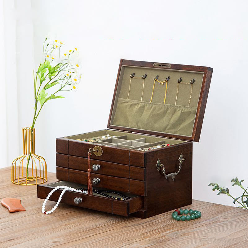 Coffret à bijoux en bois massif à quatre niveaux avec velours | Zen Decor