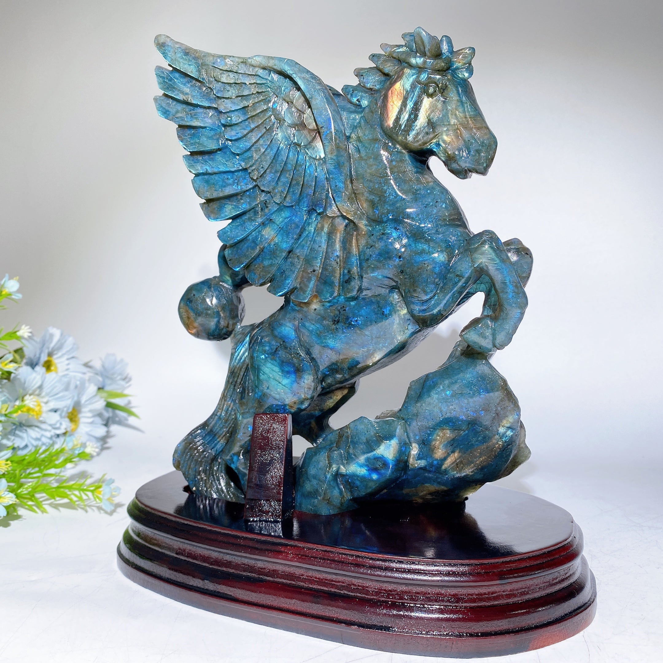 Full Flash Labradorite Crystal Unicorn Carving with Stand