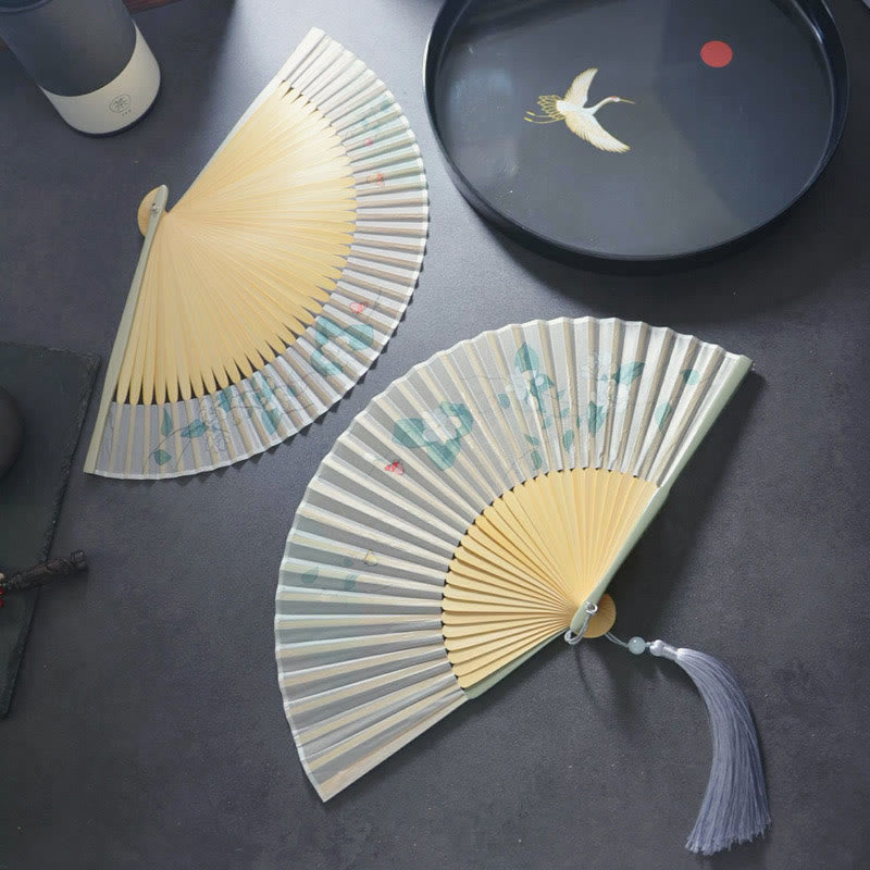 Éventail chinois pliable en bambou avec fleurs de cerisier et gardénia 21 cm