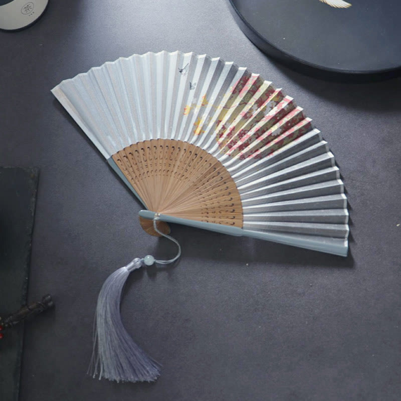 Éventail chinois pliable en bambou avec fleurs de cerisier et gardénia 21 cm